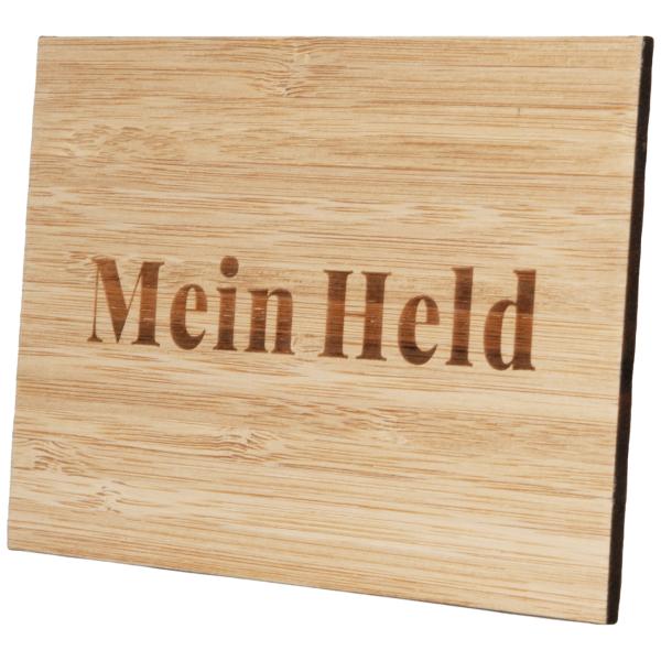 Grusskarte aus Bambus - Mein Held Schriftzug gelasert - Handgemacht, 9x14x0.3cm - Edle Optik, liniert, mit Bambusschicht & Maserung