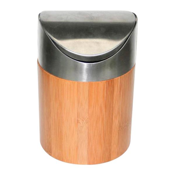 Bambus-Tischabfalleimer - mit Schwingdeckel & Metall - für Frühstückstisch Büro Bad Wohnzimmer - Braun/Silber 12x12x17cm - robust & hygienisch