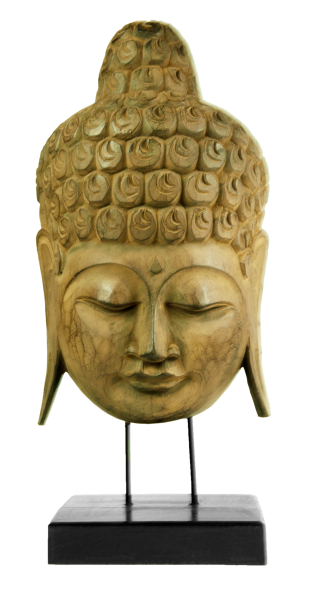 Buddha-Maske auf Ständer aus Albesia-Holz - Handgefertigt, detailreiche Gesichtszüge, 65 cm Höhe - Exotische Deko mit asiatischem Flair