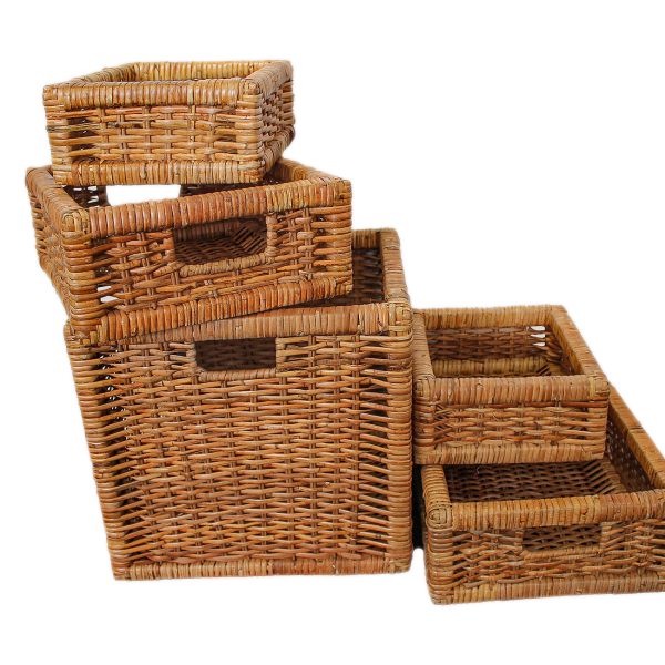 Rattankörbe-Set 5-teilig eckig – Stabiles Rattan-Geflecht mit Tragegriffen – Stapelbar zur Aufbewahrung & Dekoration – Braun – 22/28/29 cm