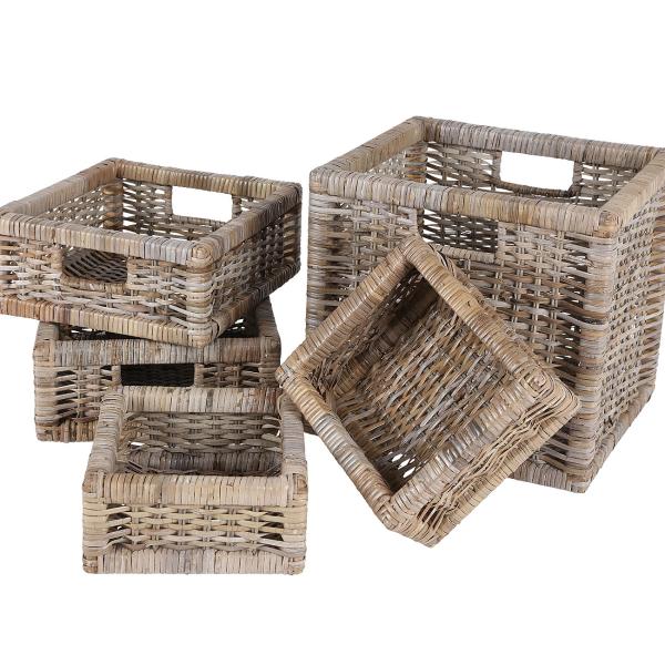5er Rattan-Körbe Set - rechteckig, Vintage-grau & braun mit Tragegriffen - stapelbar, langlebig, ideal zur Aufbewahrung & Dekoration im Haus