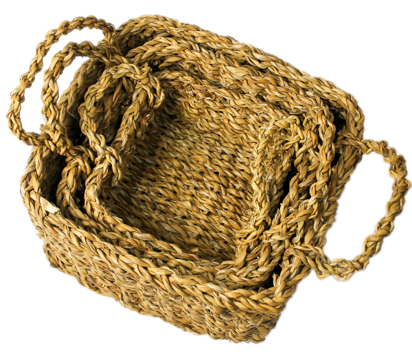 Seegras Körbe-Set 3-teilig - Viereckige Aufbewahrungskörbe mit 2 Henkeln - Braunes Webmuster für Landhaus-Stil & Deko - Stapelbar - 18/23/29cm