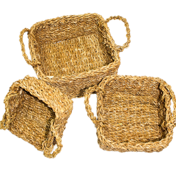 Seegras Körbe-Set 3-teilig - Viereckige Aufbewahrungskörbe mit 2 Henkeln - Braunes Webmuster für Landhaus-Stil & Deko - Stapelbar - 18/23/29cm