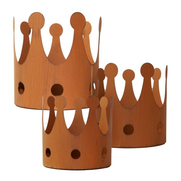 Kerzenhalter Set 3-teilig Krone - Rostoptik Vintage Deko für Garten Balkon Terrasse - inkl. 3 Grössen: 18/15/11cm - Ideal für Kerzen & Pflanzen