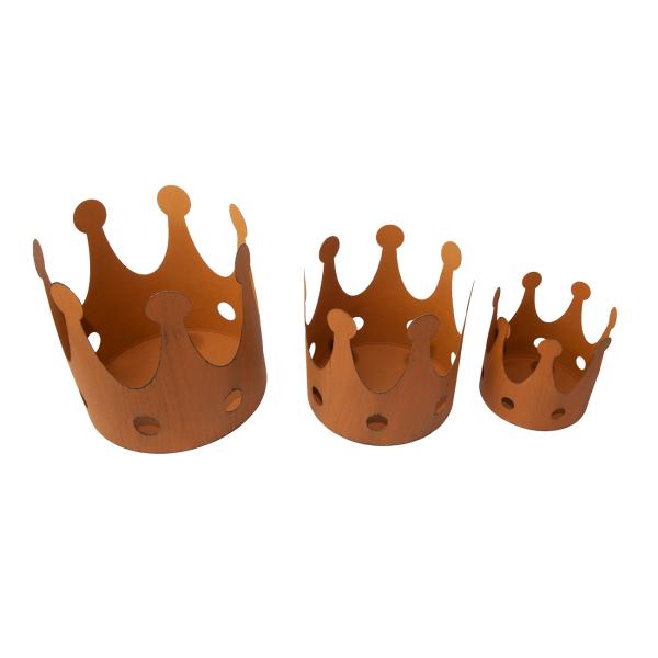 Kerzenhalter Set 3-teilig Krone - Rostoptik Vintage Deko für Garten Balkon Terrasse - inkl. 3 Grössen: 18/15/11cm - Ideal für Kerzen & Pflanzen