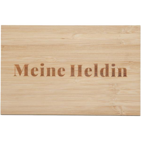 Grusskarte aus Bambus - Meine Heldin Schriftzug - Handgeschrieben mit Stift Tusche Schreibfeder - Edle Holzmaserung 9x14x0.3cm Hellbraun