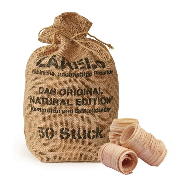 Kamin- & Grillanzünder Naturholz 50 Stk. im Jutebeutel - Wachsgetränkt-Langes Brennen-Hohe Hitze-Nachhaltig Kiefernholz FSC-Made in Germany
