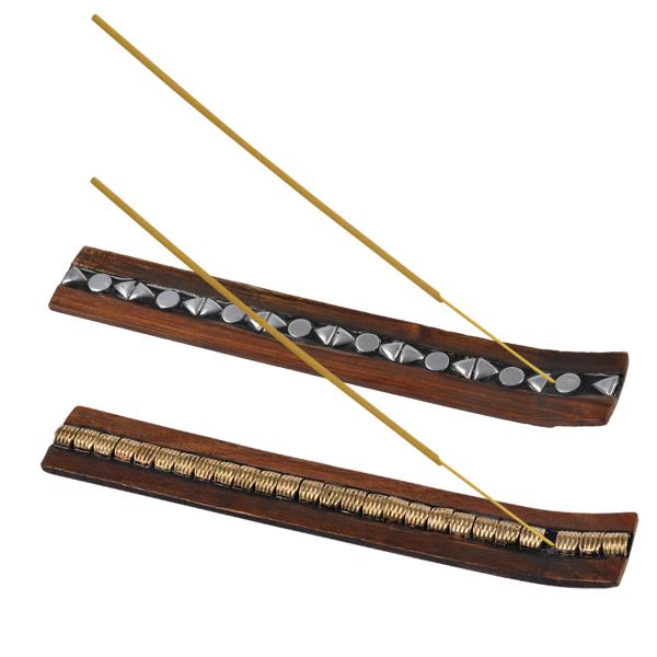 Räucherstäbchenhalter Holz - Exotischer Aschefänger für Räucherstäbchen & Wohnambiente - 26cm lang - Metallfinish gold oder silber - Dekoration & Geschenk
