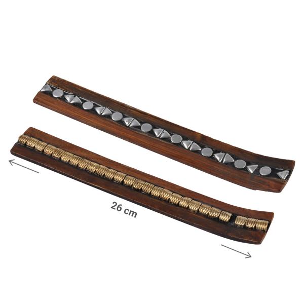 Räucherstäbchenhalter Holz - Exotischer Aschefänger für Räucherstäbchen & Wohnambiente - 26cm lang - Metallfinish gold oder silber - Dekoration & Geschenk