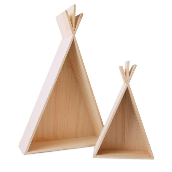 Holzregale Tipi-Form 2er-Set - Wanddeko Zelt für Flur Schlaf Kinder Wohnzimmer - MDF Braun - 45x30x9cm & 28x18.5x6cm - Kreativ Gestaltbar