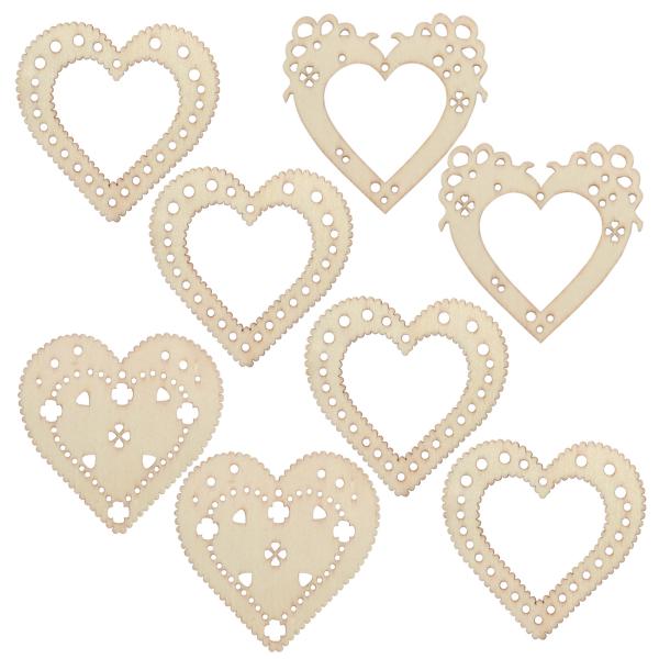 8 Holz-Herzen Verzierungen-Set - Naturholz Deko für Tische, Partys & Fensterbänke - DIY Bastelzubehör, unbehandelt, bemalbar, beklebbar, geruchsneutral - MDF Braun