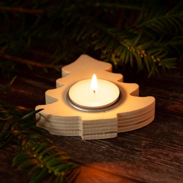 Kerzenhalter Weihnachtsbaum aus Holz - Naturbelassen & aus einem Stück gefertigt - Für Teelicht - Braun MDF - Zum Verzieren & Bemalen