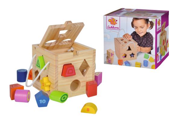 Holz Steckwürfel - 13-teiliger Motorikwürfel für Kleinkinder ab 1 Jahr - Birken- & Lindenholz, 15x15x15cm, aufklappbar, farbenfroh, Trage-Kordel