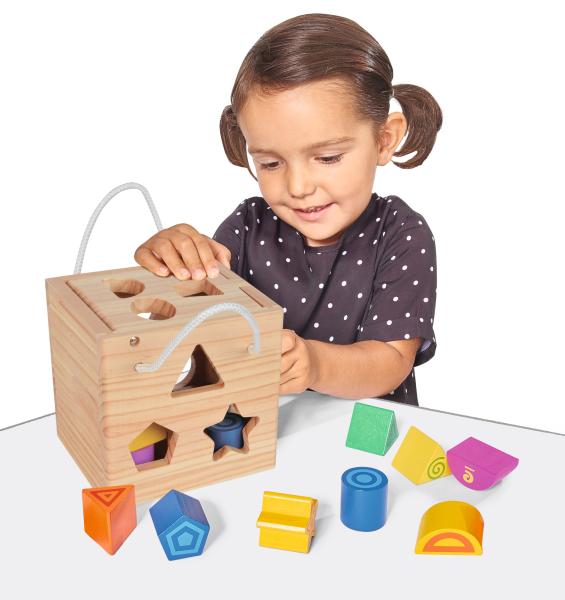 Holz Steckwürfel - 13-teiliger Motorikwürfel für Kleinkinder ab 1 Jahr - Birken- & Lindenholz, 15x15x15cm, aufklappbar, farbenfroh, Trage-Kordel