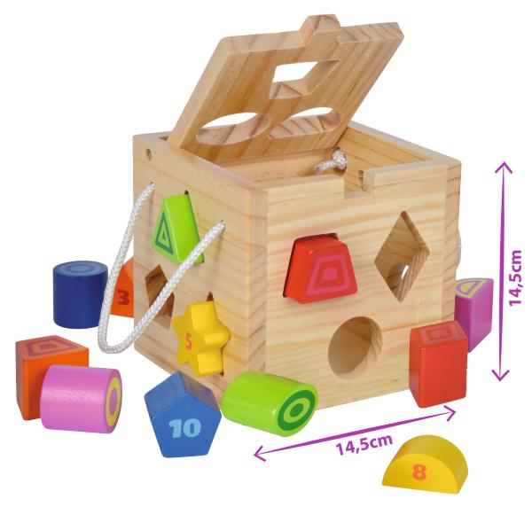 Holz Steckwürfel - 13-teiliger Motorikwürfel für Kleinkinder ab 1 Jahr - Birken- & Lindenholz, 15x15x15cm, aufklappbar, farbenfroh, Trage-Kordel