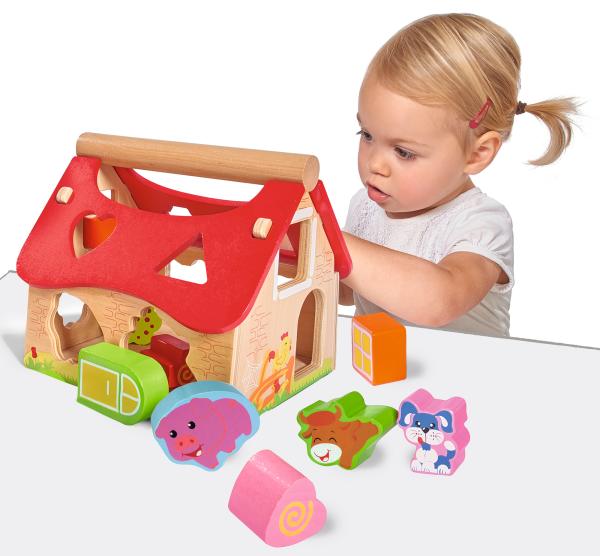 Buntes 15-tlg. Steckhaus aus Kiefernholz: Bauernhof-Design (20x18x18cm) – Fördert Kreativität & Fantasie, spielerisch Lernen