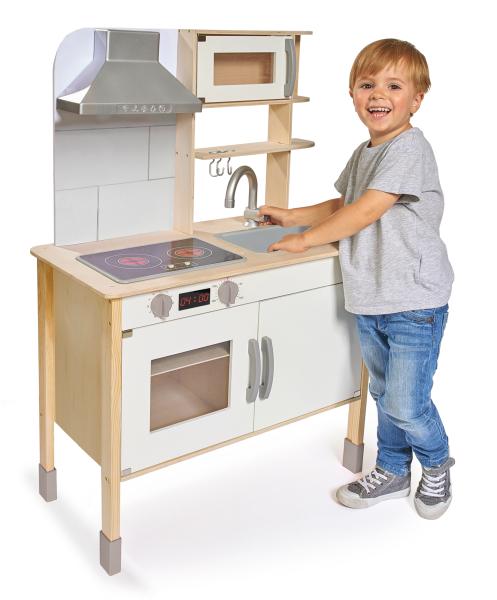 Holz-Spielküche für Kinder - Detailgetreue Kinderküche mit Herd Ofen Dunstabzug Drehknöpfen - Kiefer/Linde 36x69x99cm braun-weiss - Kreativität