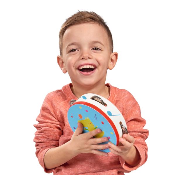 Tamburin Holz mit Stoff überzogen - Klangspielzeug Handtrommel für Kinder ab 1 Jahr - Musikinstrument mit Schellen - Fördert Kreativität