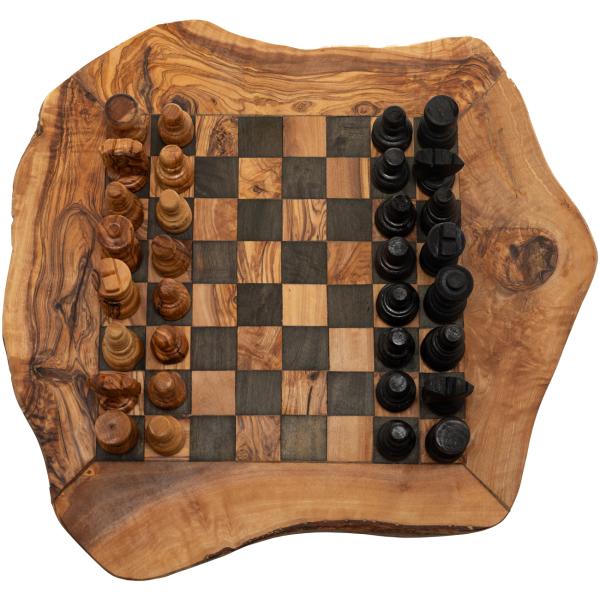 Schachbrett aus Olivenholz - Rustikales Design mit Figuren - Handgefertigt in Italien - 30x30cm - Unikate Maserung & Naturrand - Edle Deko
