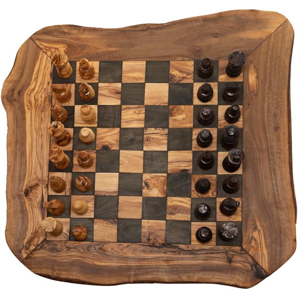 Rustikales Schachbrett aus Olivenholz mit Figuren 50x50cm - Handarbeit Made in Italy - Edle Deko - Robust & langlebig - Unikat mit natürlicher Maserung