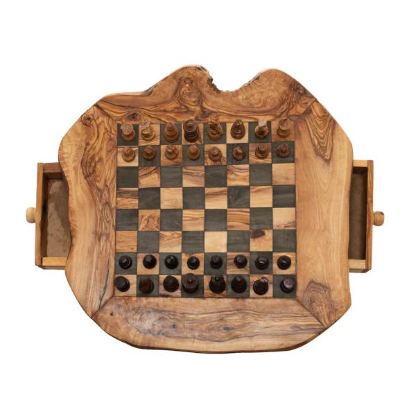 Olivenholz Schachbrett mit Figuren - Rustikales Strategiespiel & edle Dekoration - 40x40cm - Handgefertigt in Italien - Unikat Naturrand geölt