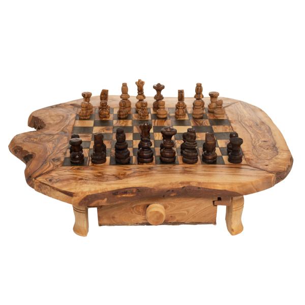 Olivenholz Schachbrett mit Figuren - Rustikales Strategiespiel & edle Dekoration - 40x40cm - Handgefertigt in Italien - Unikat Naturrand geölt