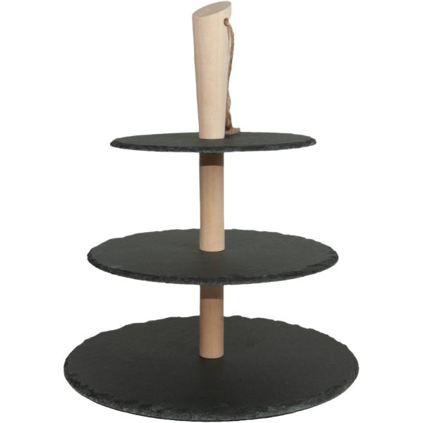 3-stufige Etagere aus Schiefer - Elegante Präsentation für Kuchen, Snacks & Tapas auf 3 Ebenen - Holzständer mit Trage-Kordel - Ø 30/25/20cm, Höhe 36cm