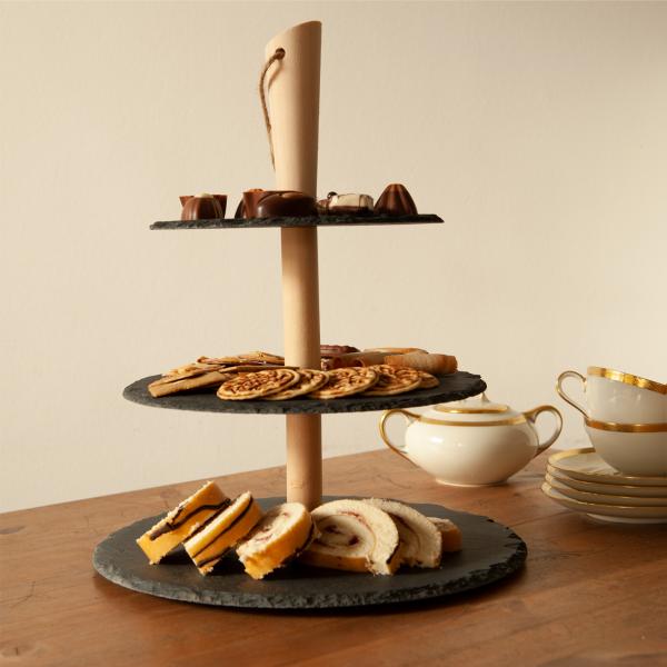 3-stufige Etagere aus Schiefer - Elegante Präsentation für Kuchen, Snacks & Tapas auf 3 Ebenen - Holzständer mit Trage-Kordel - Ø 30/25/20cm, Höhe 36cm