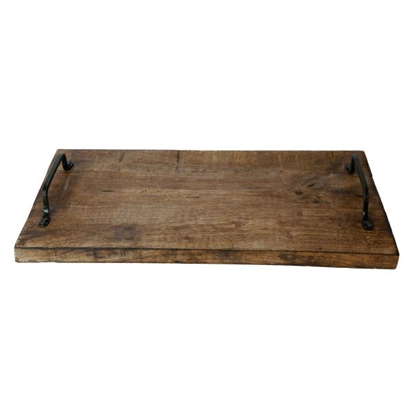 Servierbrett Mangoholz rechteckig - mit Metallgriffen für Tee Kaffee Gebäck Essen Tapas Käse Sushi - 40,5x22x6cm - Braun - Robust