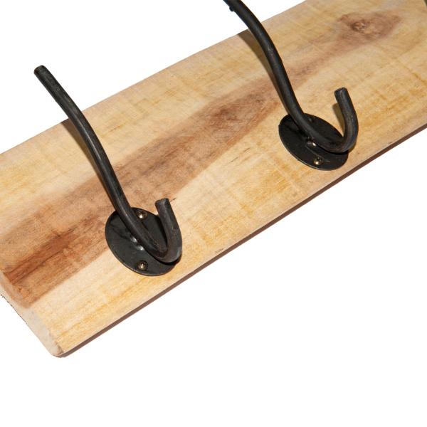 Garderobenleiste Teakholz Braun mit Naturrand - Rustikaler Look für Flur, Schlaf- & Kinderzimmer - 4 Metallhaken zum Aufhängen - Wandmontage