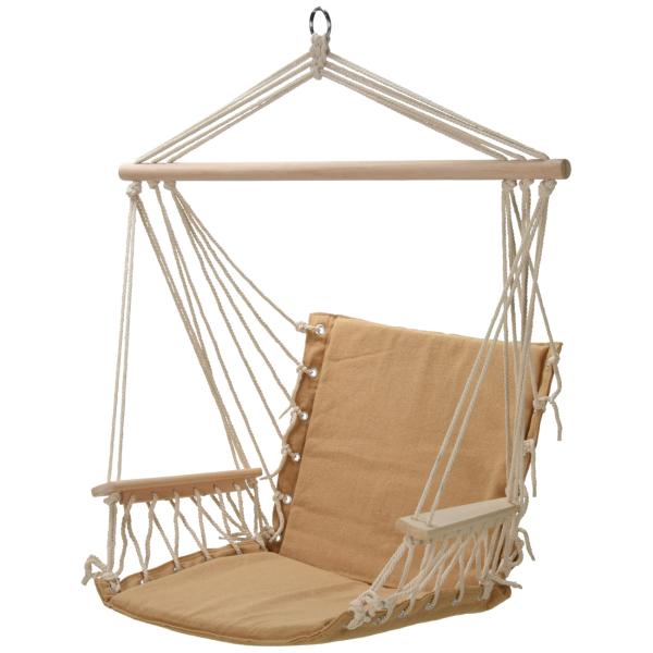 Hängesessel Baumwolle Beige - Komfortabler Hängesitz für Garten, Wohnzimmer & Schlafzimmer - Weiche Polsterung - 100x53cm - Stabile Holzstangen
