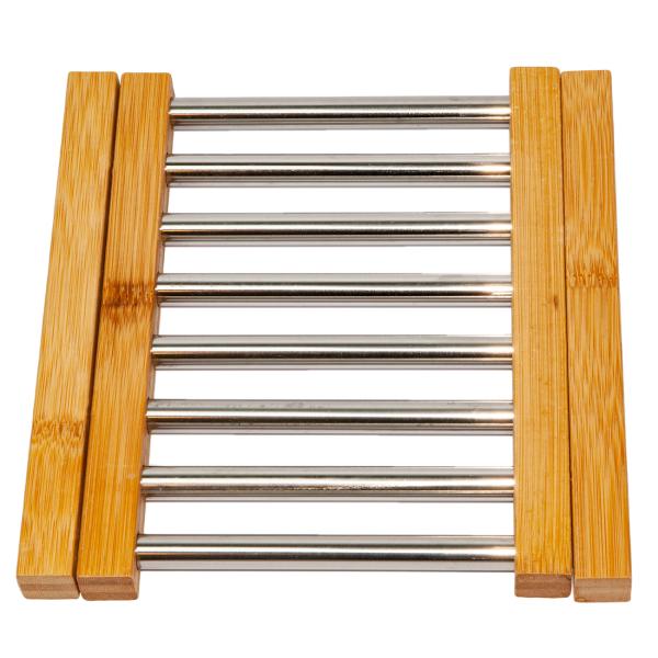 Ausziehbarer Topfuntersetzer aus Bambus mit Edelstahl-Streben - Schutz für Oberflächen vor Kratzern & Flecken - Braun/Silber - 21.5x22x2.2cm