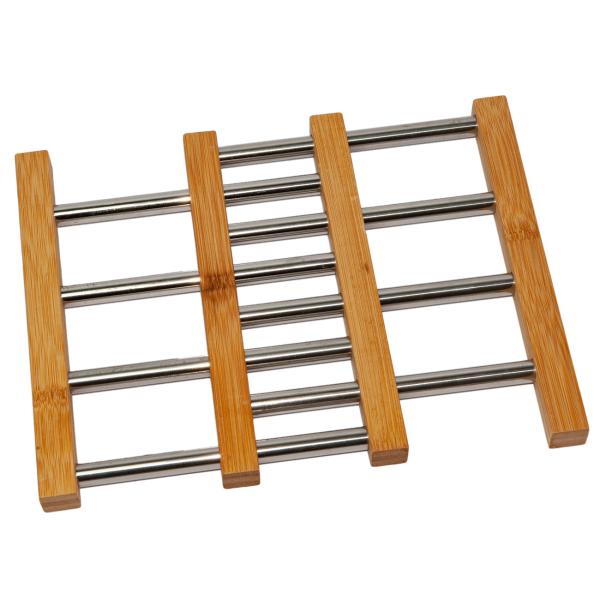 Ausziehbarer Topfuntersetzer aus Bambus mit Edelstahl-Streben - Schutz für Oberflächen vor Kratzern & Flecken - Braun/Silber - 21.5x22x2.2cm