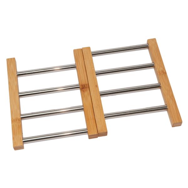 Ausziehbarer Topfuntersetzer aus Bambus mit Edelstahl-Streben - Schutz für Oberflächen vor Kratzern & Flecken - Braun/Silber - 21.5x22x2.2cm