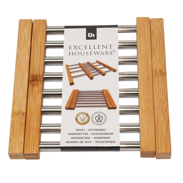 Ausziehbarer Topfuntersetzer aus Bambus mit Edelstahl-Streben - Schutz für Oberflächen vor Kratzern & Flecken - Braun/Silber - 21.5x22x2.2cm