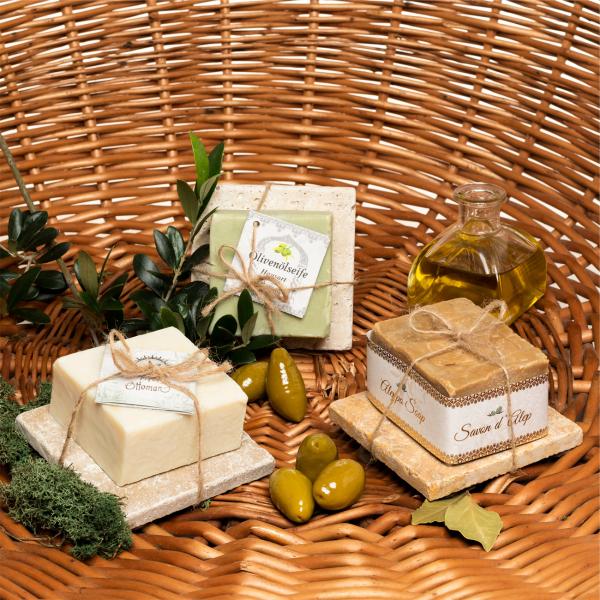 Bio Olivenöl Lorbeeröl Seife Naturgrün - Luxuriöse Hautpflege & tägliche Duschroutine - Handgefertigte Travertin Seifenablage Beige 10x10cm