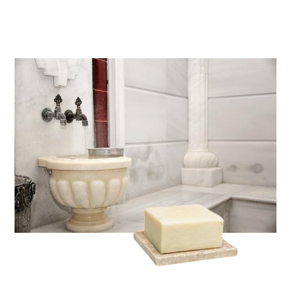 Hamam-Seife mit Olivenöl und Travertin Seifenablage - Luxuriöse Hautpflege & tägliche Duschroutine - Beige, Hellbraun, 10x10cm