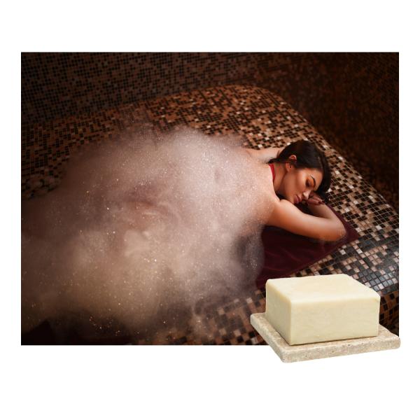 Hamam-Seife mit Olivenöl und Travertin Seifenablage - Luxuriöse Hautpflege & tägliche Duschroutine - Beige, Hellbraun, 10x10cm