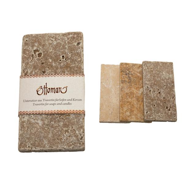 3er Set Seifenablagen aus Travertin rechteckig - handgefertigt für Bad & WC - 3 Farbkombinationen gold-gelb hellbeige kräftig-braun 14.5 x 7 cm