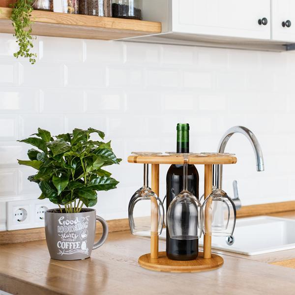 Weinglas- & Sektgläser-Halter aus Bambus - Praktischer Ständer für 6 Gläser & Weinflasche - Rustikal edles Design - 25x25cm - Perfekt zum Servieren