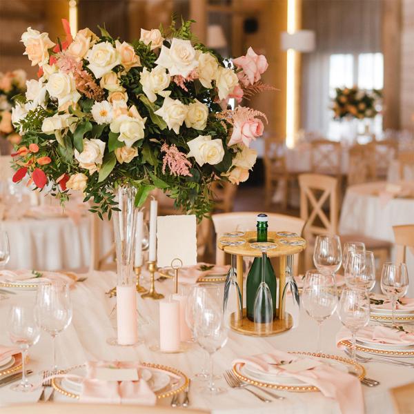 Weinglas- & Sektgläser-Halter aus Bambus - Praktischer Ständer für 6 Gläser & Weinflasche - Rustikal edles Design - 25x25cm - Perfekt zum Servieren