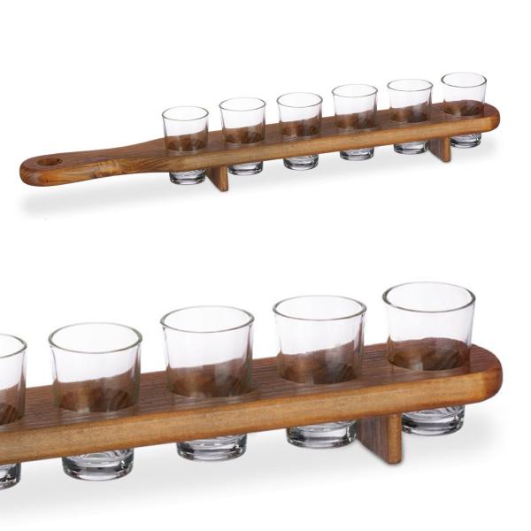 Schnapsbrett aus Holz - 6 Gläser inklusive - Praktischer Griff zum Servieren - Ideal für Party, Bar & Geschenk - Kiefer Neuseeland - 45x6,5x3,5cm