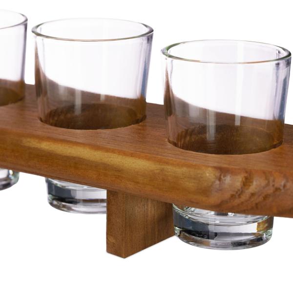 Schnapsbrett aus Holz - 6 Gläser inklusive - Praktischer Griff zum Servieren - Ideal für Party, Bar & Geschenk - Kiefer Neuseeland - 45x6,5x3,5cm