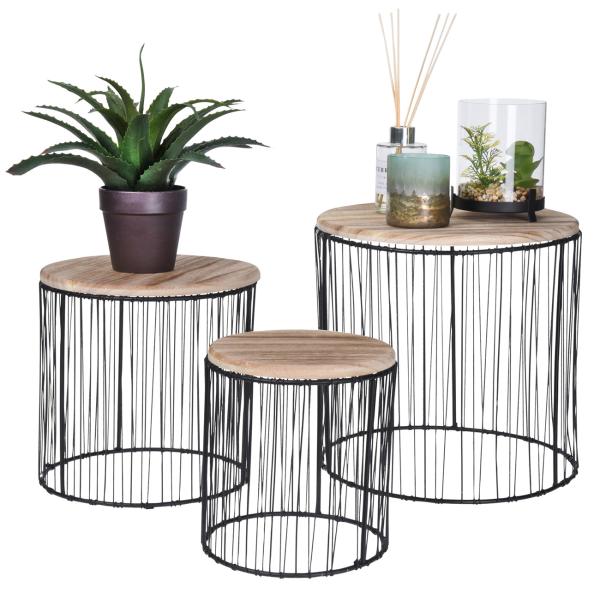 3er-Set Beistelltische Holz & Metall - Modernes Satztisch-Design schwarz/braun - Stilvolle Ablage für Pflanzen/Deko - Mango Holz