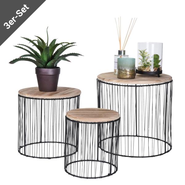 3er-Set Beistelltische Holz & Metall - Modernes Satztisch-Design schwarz/braun - Stilvolle Ablage für Pflanzen/Deko - Mango Holz