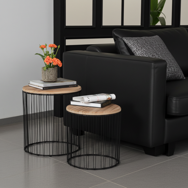 3er-Set Beistelltische Holz & Metall - Modernes Satztisch-Design schwarz/braun - Stilvolle Ablage für Pflanzen/Deko - Mango Holz