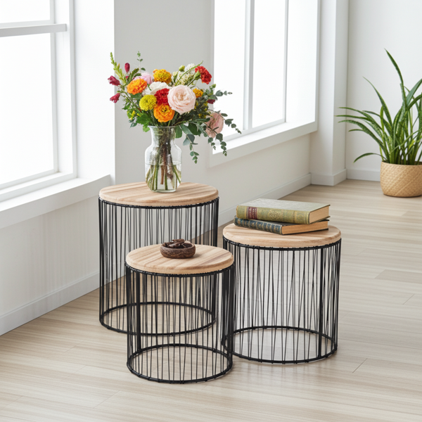 3er-Set Beistelltische Holz & Metall - Modernes Satztisch-Design schwarz/braun - Stilvolle Ablage für Pflanzen/Deko - Mango Holz