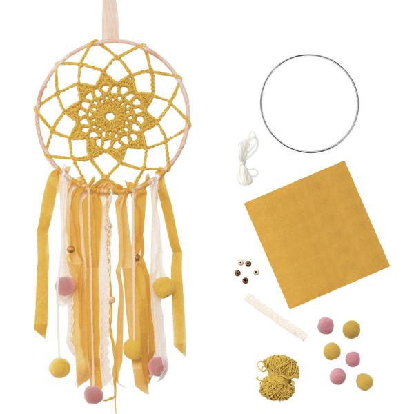 Traumfänger Komplett-Set zum Selbermachen - Bastelset mit Anleitung - Gelb, 60 cm Höhe, Bommel, Holzperlen - Kreatives Geschenk