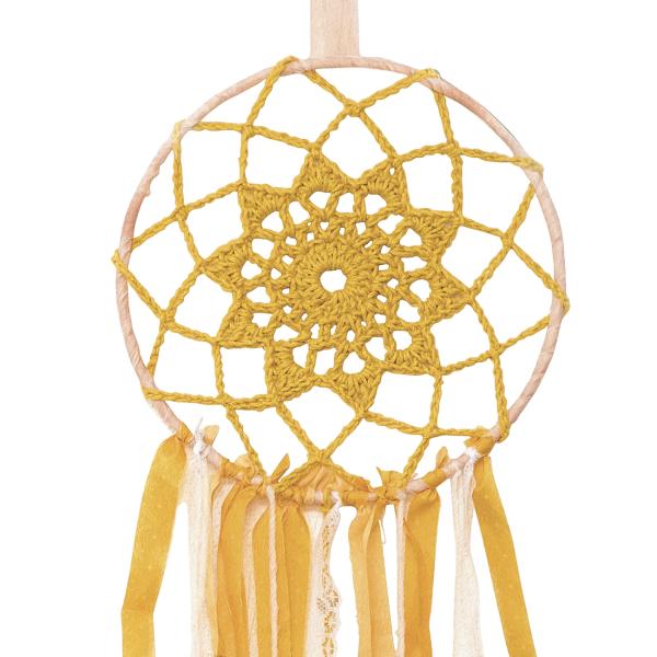 Traumfänger Komplett-Set zum Selbermachen - Bastelset mit Anleitung - Gelb, 60 cm Höhe, Bommel, Holzperlen - Kreatives Geschenk