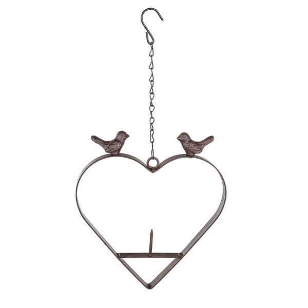 Vogelfutterstation Herzform - Gusseisen, mit Futterspiess für Meisenknödel/Äpfel, Vögelchen Deko - 23,5x2x25,5cm - Garten, Balkon, Terrasse